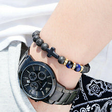 Load image into Gallery viewer, Fashion Men Women Lava Agate Stone Blue Tiger Eye Cross Elastic Bracelet Jewelry