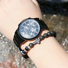 Load image into Gallery viewer, Fashion Men Women Lava Agate Stone Blue Tiger Eye Cross Elastic Bracelet Jewelry