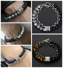 Load image into Gallery viewer, Fashion Men's Natural Stone Agate Beads Punk Bracelets Stainless Steel Jewelry