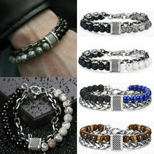 Load image into Gallery viewer, Fashion Men's Natural Stone Agate Beads Punk Bracelets Stainless Steel Jewelry