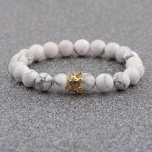 Load image into Gallery viewer, Women Men Gold Crown 8mm Natural Stone White Howlite Beads Charm Bracelets Gift