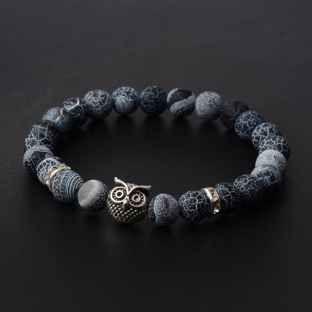 8MM Mens Spot Natural Lava Stone Gold Silver Owl Beaded Charm Bracelets 2020 New