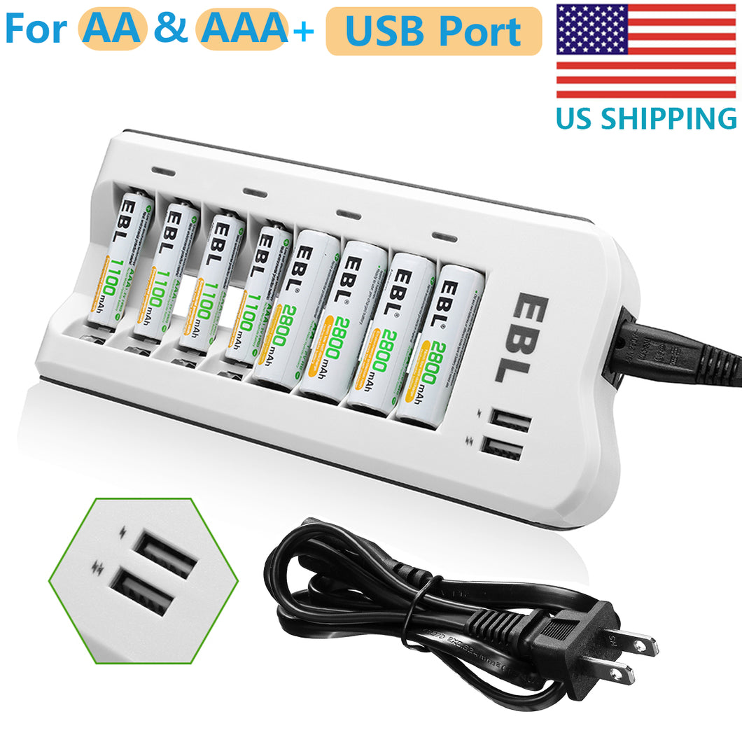 8-Slots Battery Charger for AA AAA NIMH NICD Rechargeable Batteries + Dual USB