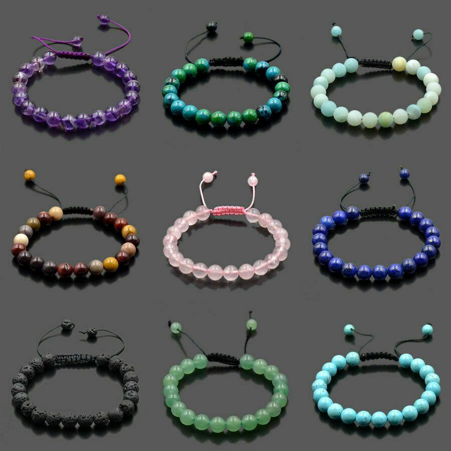 8mm Mens Women Natural Gemstones Macrame Round Beads Braided Bracelet Handmade
