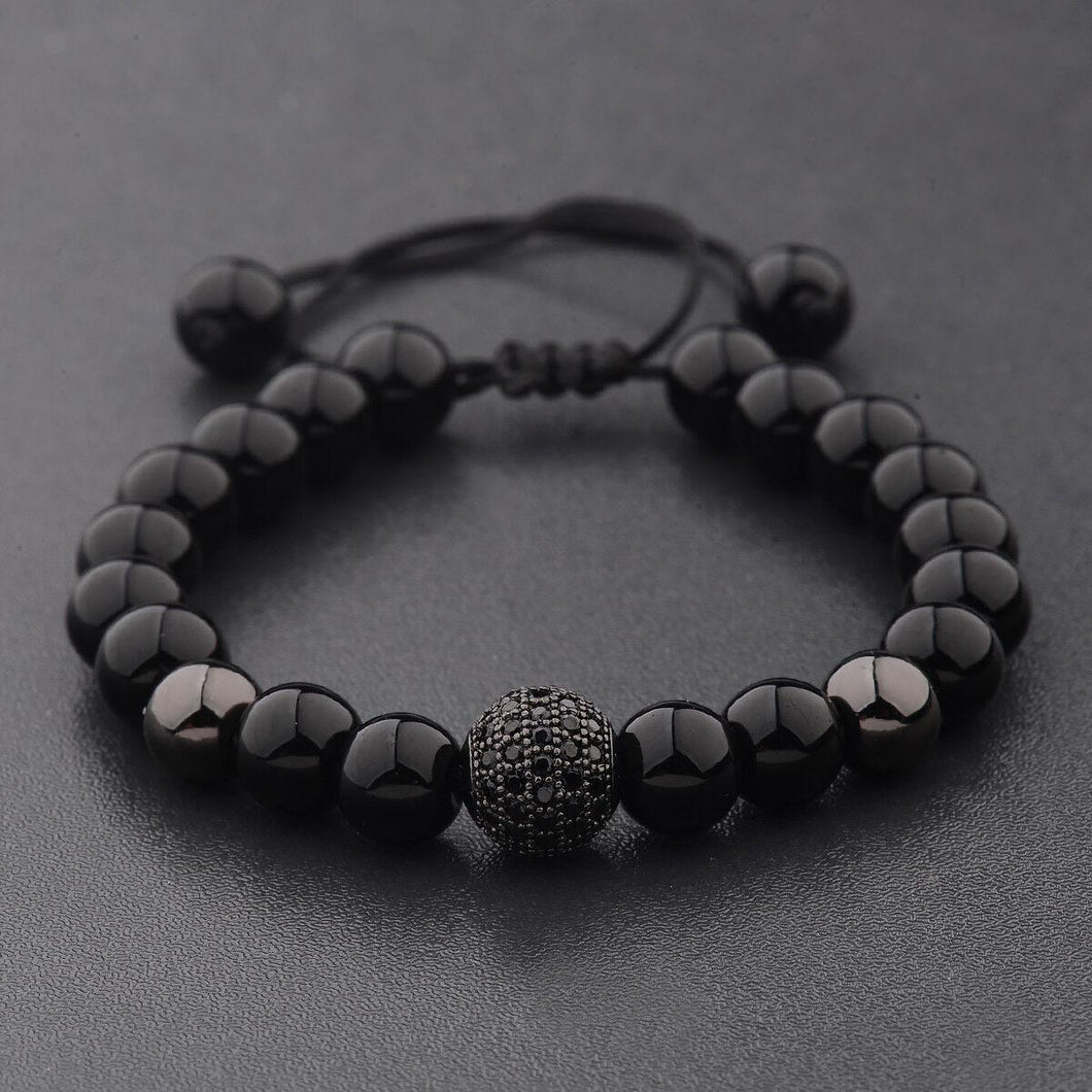 Charm Men's Bright Zircon Micro Pave Black Natural Stone Round Beaded Bracelets