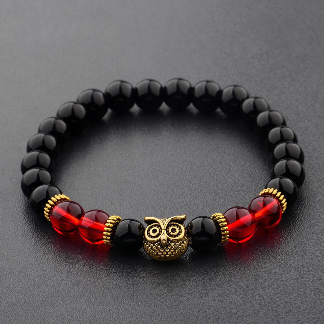 Charm Men's Women' s Natural Stone Gold Owl 8MM Beads Bracelets jewelry Gift