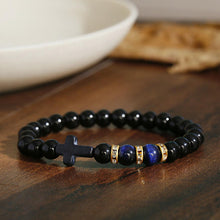 Load image into Gallery viewer, Fashion Men Women Lava Agate Stone Blue Tiger Eye Cross Elastic Bracelet Jewelry
