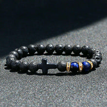Load image into Gallery viewer, Fashion Men Women Lava Agate Stone Blue Tiger Eye Cross Elastic Bracelet Jewelry
