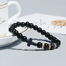 Load image into Gallery viewer, Fashion Men Women Lava Agate Stone Blue Tiger Eye Cross Elastic Bracelet Jewelry
