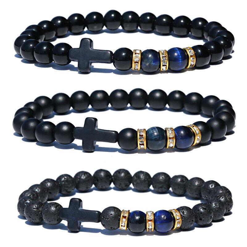 Fashion Men Women Lava Agate Stone Blue Tiger Eye Cross Elastic Bracelet Jewelry