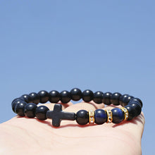 Load image into Gallery viewer, Fashion Men Women Lava Agate Stone Blue Tiger Eye Cross Elastic Bracelet Jewelry
