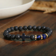 Load image into Gallery viewer, Fashion Men Women Lava Agate Stone Blue Tiger Eye Cross Elastic Bracelet Jewelry
