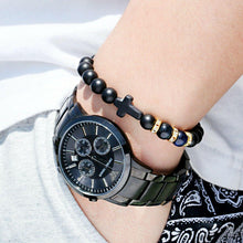 Load image into Gallery viewer, Fashion Men Women Lava Agate Stone Blue Tiger Eye Cross Elastic Bracelet Jewelry
