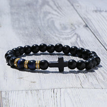 Load image into Gallery viewer, Fashion Men Women Lava Agate Stone Blue Tiger Eye Cross Elastic Bracelet Jewelry
