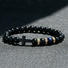 Load image into Gallery viewer, Fashion Men Women Lava Agate Stone Blue Tiger Eye Cross Elastic Bracelet Jewelry
