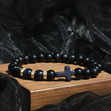 Load image into Gallery viewer, Fashion Men Women Lava Agate Stone Blue Tiger Eye Cross Elastic Bracelet Jewelry
