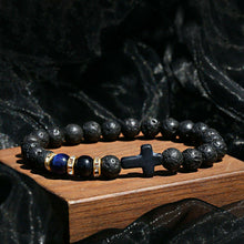 Load image into Gallery viewer, Fashion Men Women Lava Agate Stone Blue Tiger Eye Cross Elastic Bracelet Jewelry
