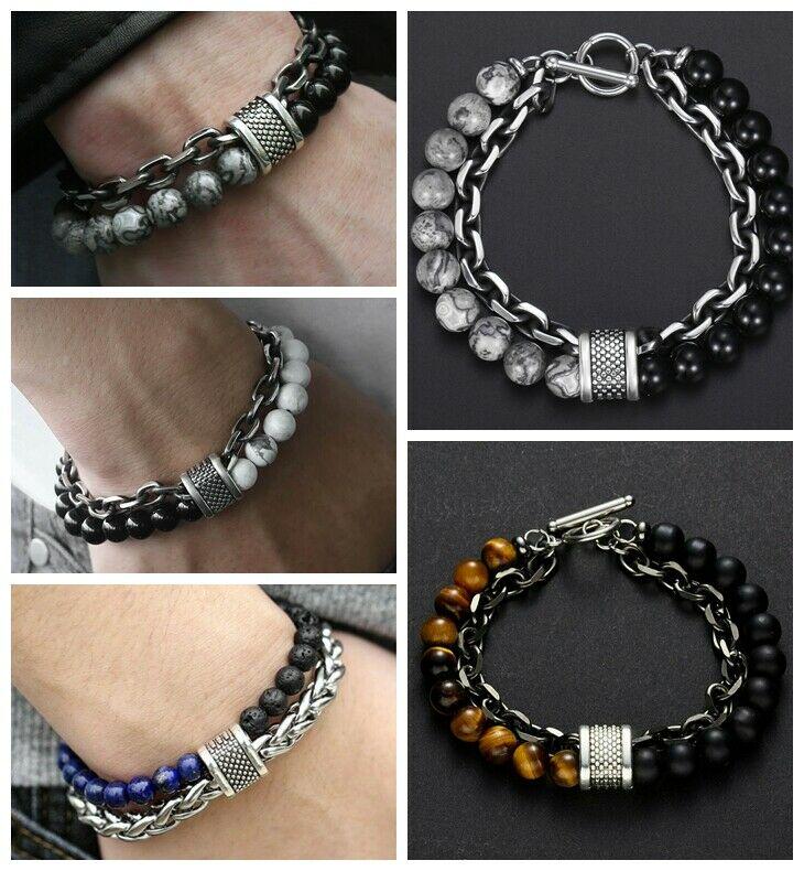 Fashion Men's Natural Stone Agate Beads Punk Bracelets Stainless Steel Jewelry