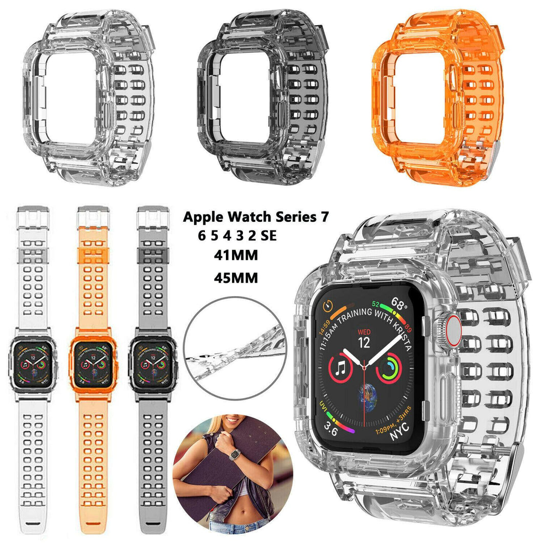 For Apple Watch Series 7/6/5/4/3/2/SE Clear Rugged Case with Band Strap 41/45mm