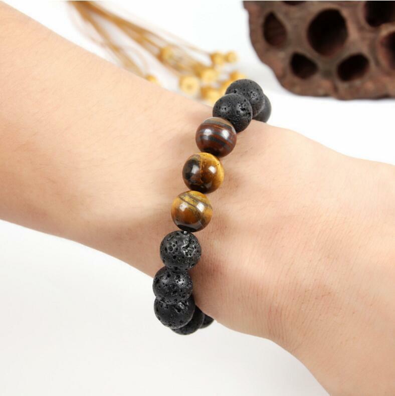 Men 12MM Natural Lava Stone Tiger Eye Beaded Diffuser Bracelets Charm Jewelry