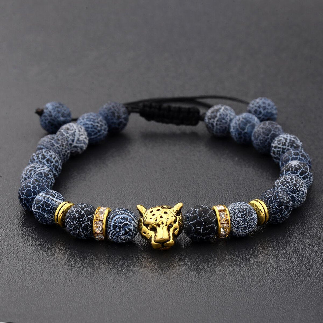 Men Gold Leopard Head Natural 8mm Weathering Agate Beads Braided Bracelets Gift