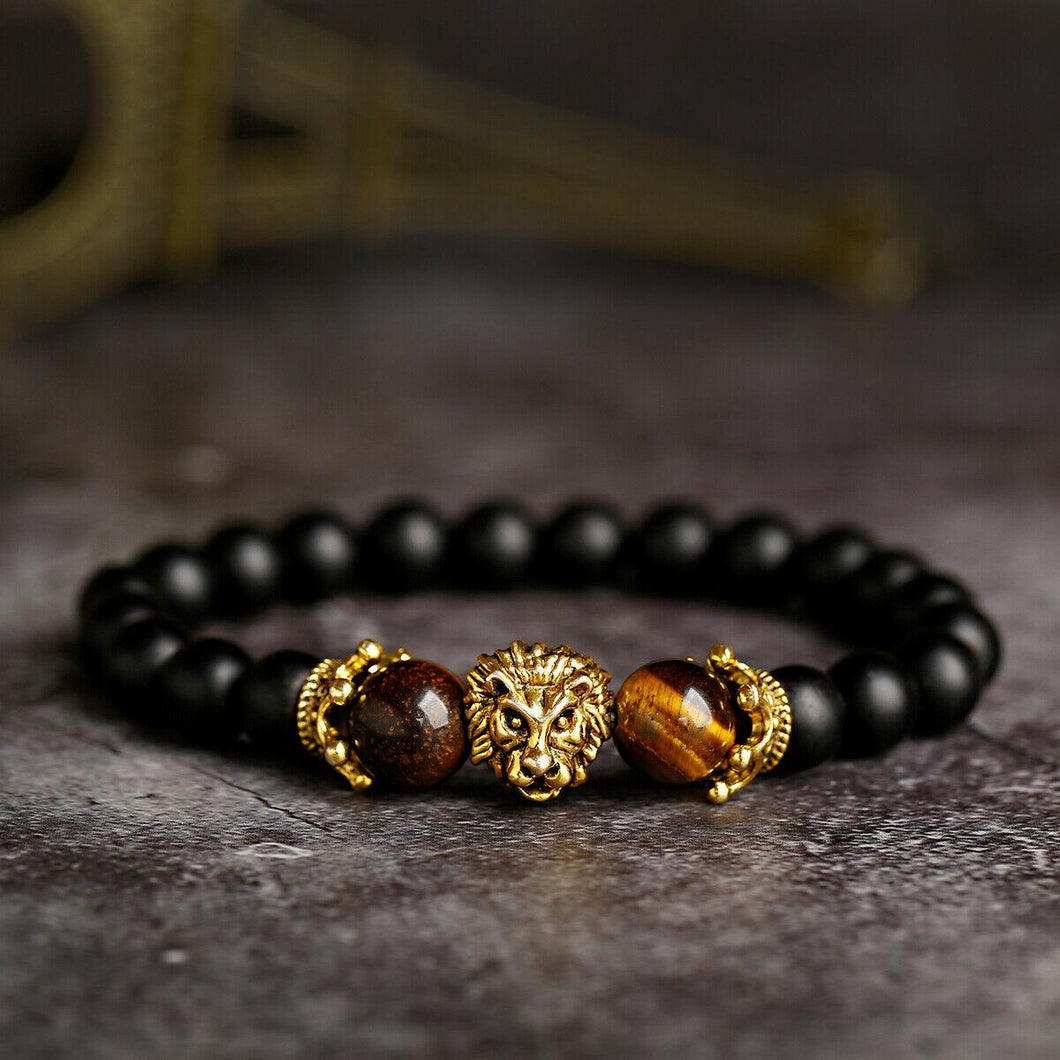 Vintage Crown Lion Head Bracelet Luxury Tiger Eye Stone Bead Bracelets Jewelry