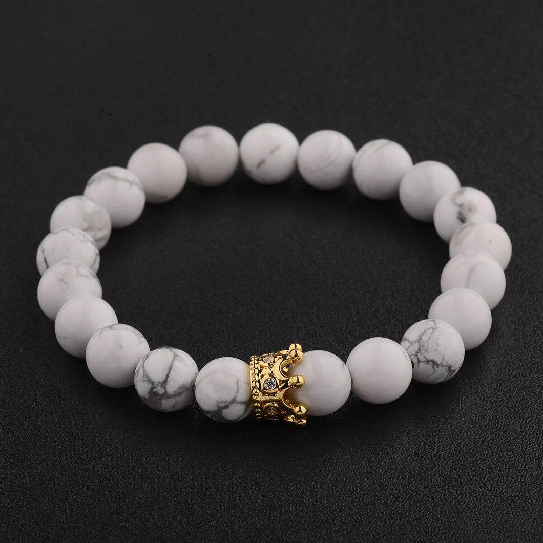 Women Men Gold Crown 8mm Natural Stone White Howlite Beads Charm Bracelets Gift