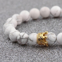Load image into Gallery viewer, Women Men Gold Crown 8mm Natural Stone White Howlite Beads Charm Bracelets Gift
